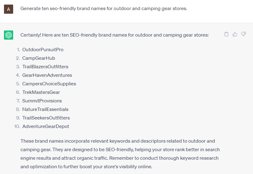 Create Store Brand Name with ChatGPT